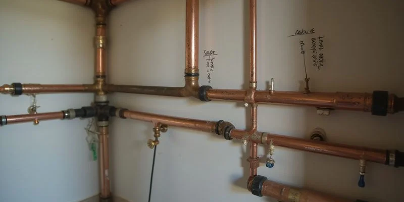 Completed copper and PEX hybrid plumbing installation with labelled hot and cold water lines
