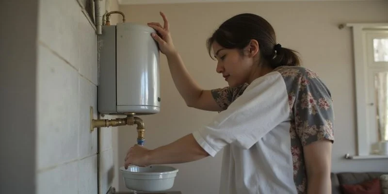 Newly installed compliant geyser with drip tray isolation valves and pressure relief valve properly configured