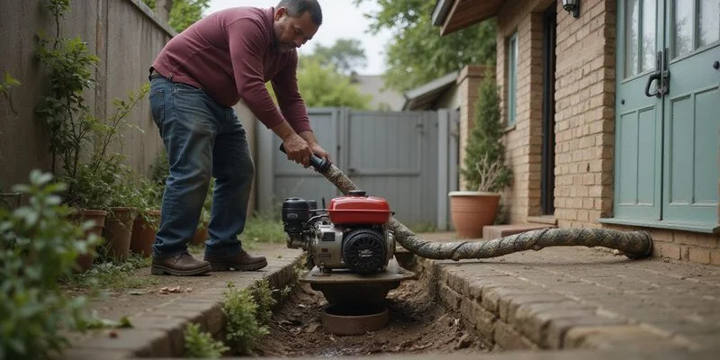 Plumber using a motorised drain snake to clear a blocked sewer line at a Johannesburg home