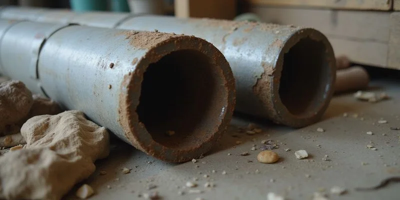 Cross-section comparison of a new galvanised pipe versus a corroded galvanised pipe showing internal rust buildup