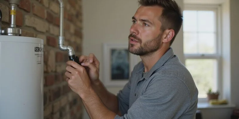 Plumber inspecting a geyser installation checking compliance with SANS 10254 safety standards