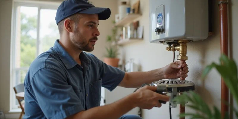 Plumber verifying SANS 10254 compliance during a geyser installation inspection in a residential property