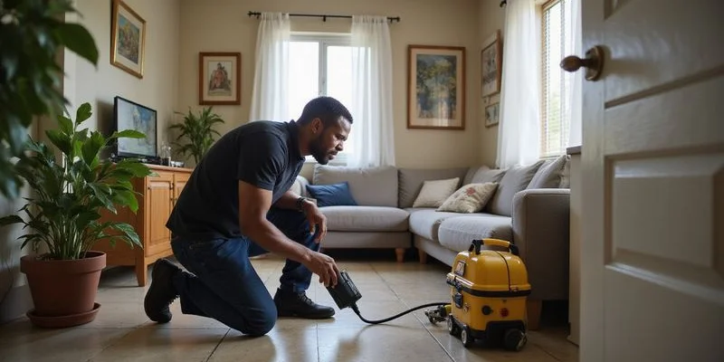 Professional plumber using acoustic leak detection equipment to locate a hidden underground pipe leak