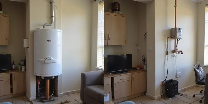 Side by side comparison of a gas geyser unit and a solar geyser panel installed on a rooftop