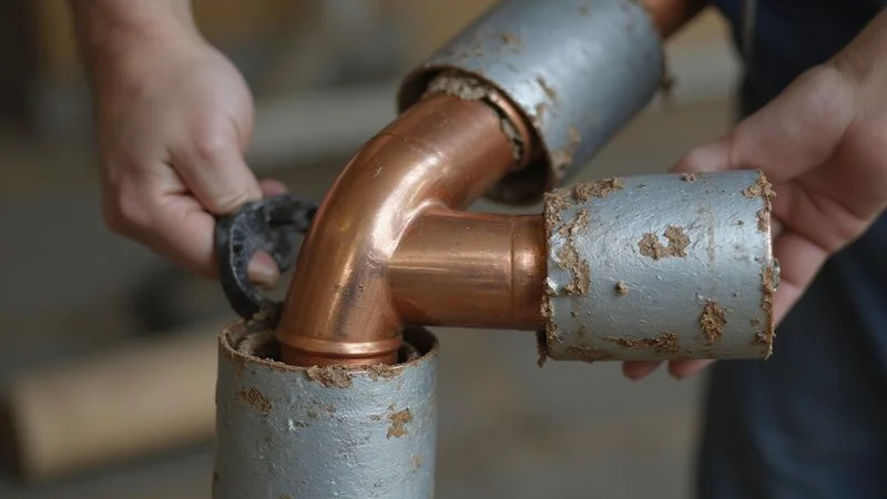 Corroded galvanised pipe being cut out and replaced with new copper piping in North Johannesburg home