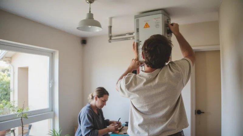 Plumber inspecting a dual geyser installation in a large Fourways estate home ceiling for PIRB compliance certification