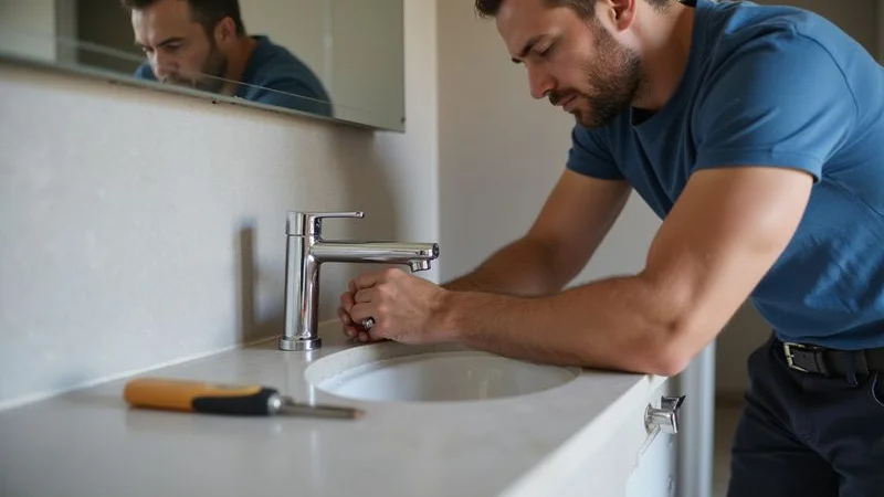 Plumber fitting a chrome basin mixer tap during bathroom fit-off stage in a newly renovated Fourways bathroom