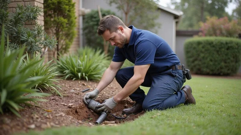 Plumber using ground microphone to detect underground water leak in Sandton property garden